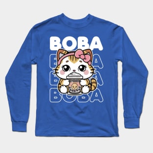 Funny kawaii cat drinking boba tea Long Sleeve T-Shirt